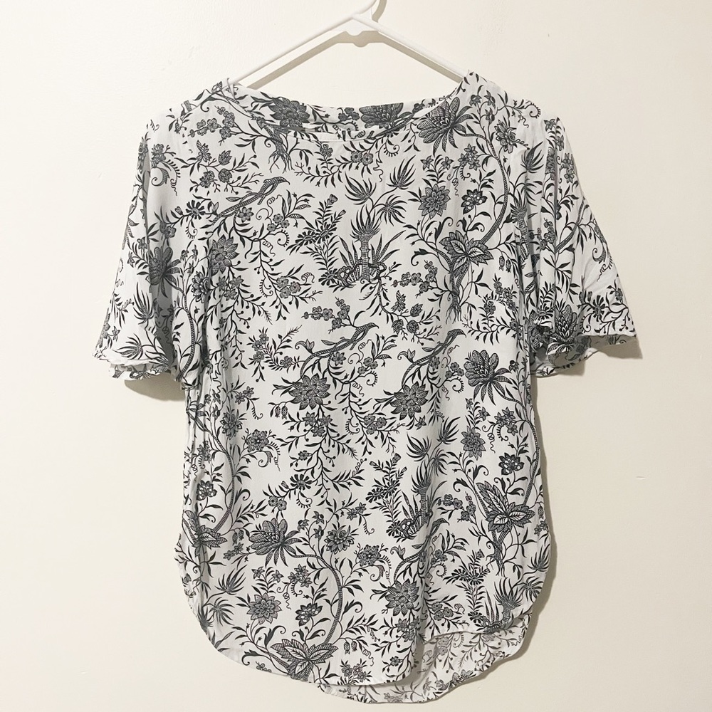 H&M Black & White Floral Butterfly Sleeve Boat Neck Blouse
